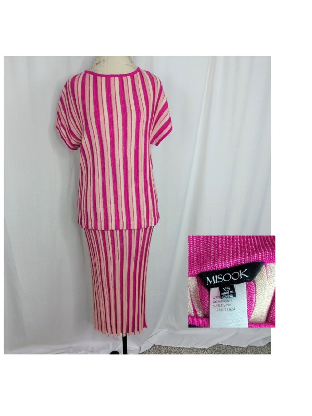 Misook Pink Knit Top Skirt X Small Striped Ribbed